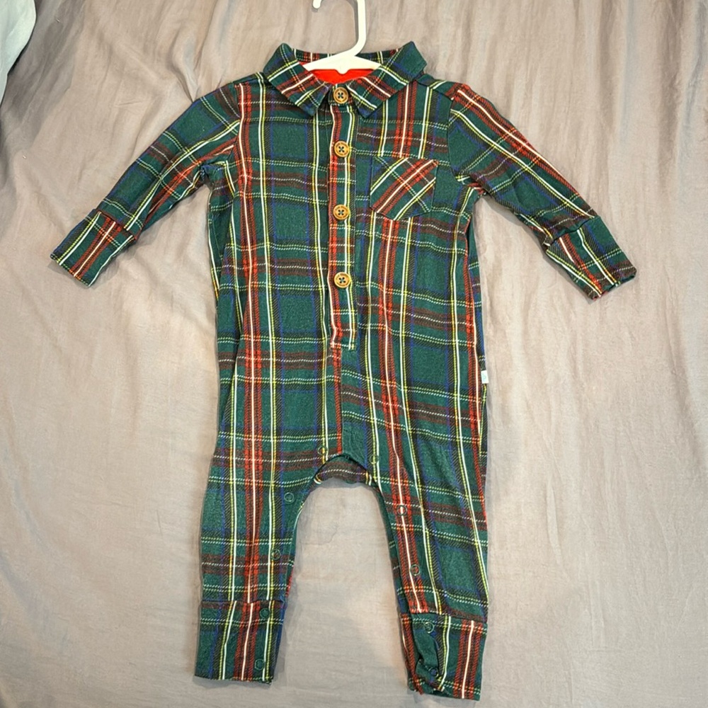 Posh Peanut Christmas Pj’s - Red Tartan Plaid - Long Sleeve Henley Romper